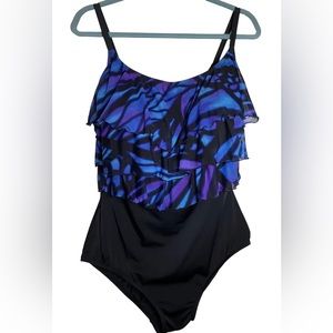 Studio Works Aqua Black Purple Tiered Ruffles One Piece Suit Size 20W